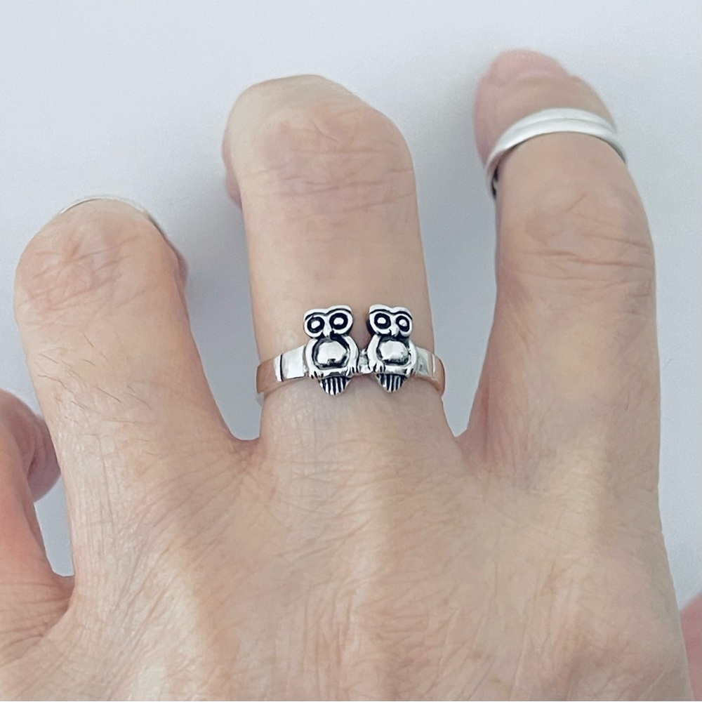 Sterling Silver Twin Owls Ring, Silver Rings, Couple Love Birds, Animal, Twins